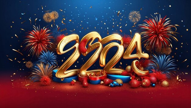 Photo golden and shiny 2024 happy new year lettering red blue background with fireworks aigenerated photo