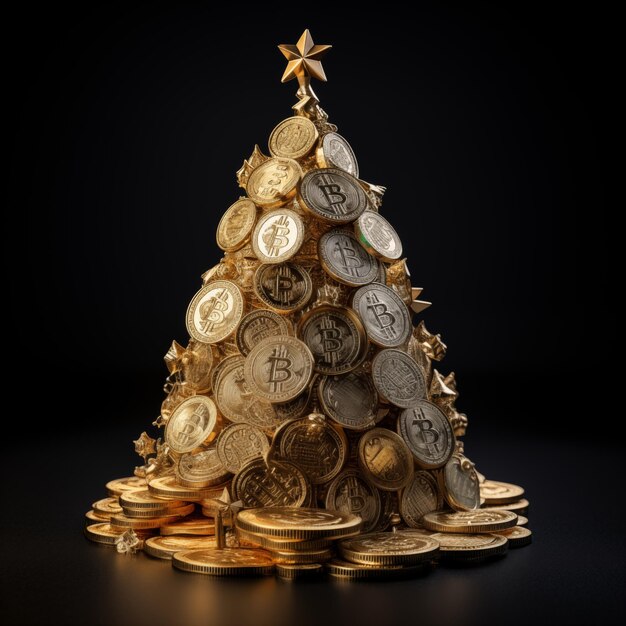 Foto albero di natale dorato e lucido con monete bitcoin