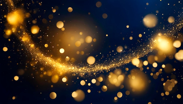 Golden shiny particles on a dark blue background for the design of New Year and Christmas greetings