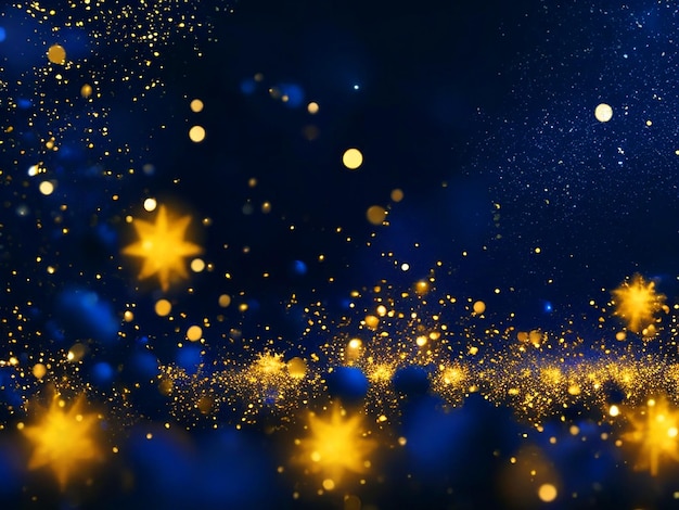 Golden shiny particles on a dark blue background for the design of New Year