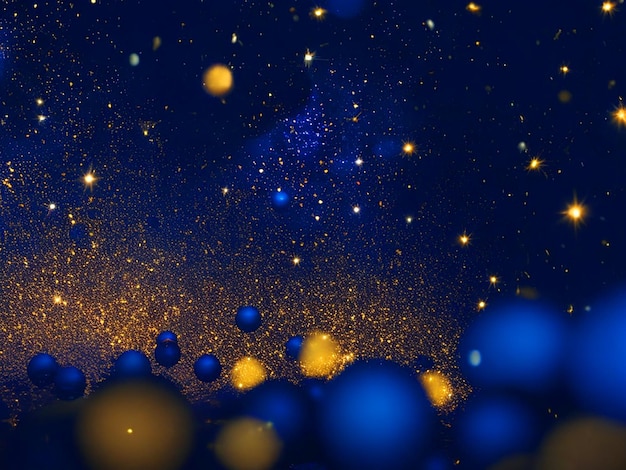 Golden shiny particles on a dark blue background for the design of New Year