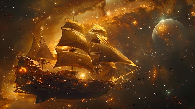 A golden ship sails through outer space with stars and a planet in the background