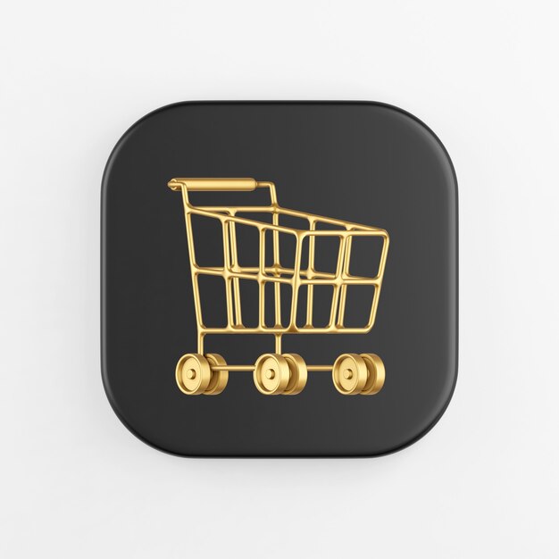 Golden shopping cart on wheels icon. 3d rendering of black square key button, interface ui ux element.