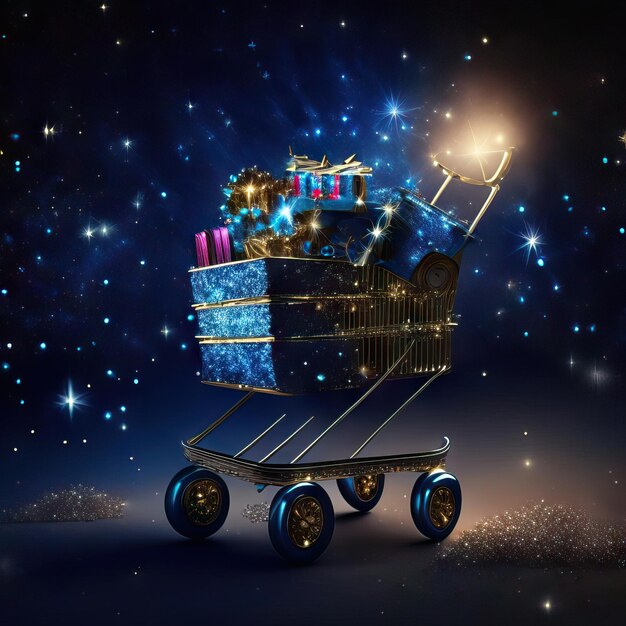 Golden shopping cart with gifts