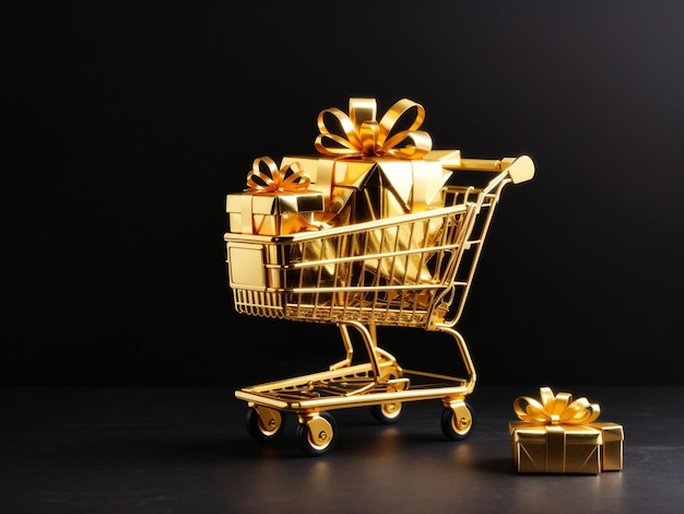 Golden shopping cart with gifts