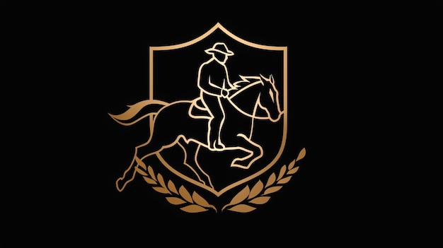 a golden silhouette of a cowboy riding a horse framed by a shield and laurel wreath