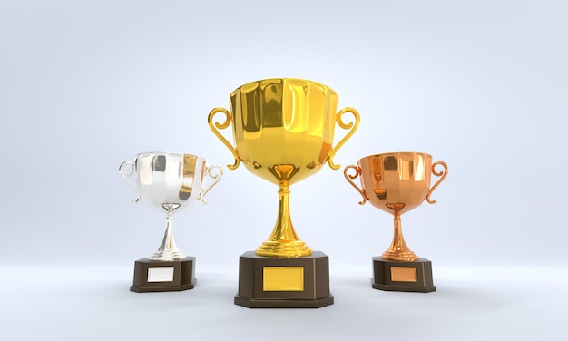 golden silver and bronze cup award trophy or winner prize on wooden pedestal with empty gold plate for championship shiny metal goblets with bowls isolated on grey background realistic 3d set