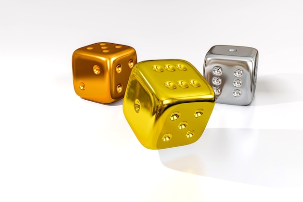 Golden silver and bronze dice isolated on white background 3d\
rendering