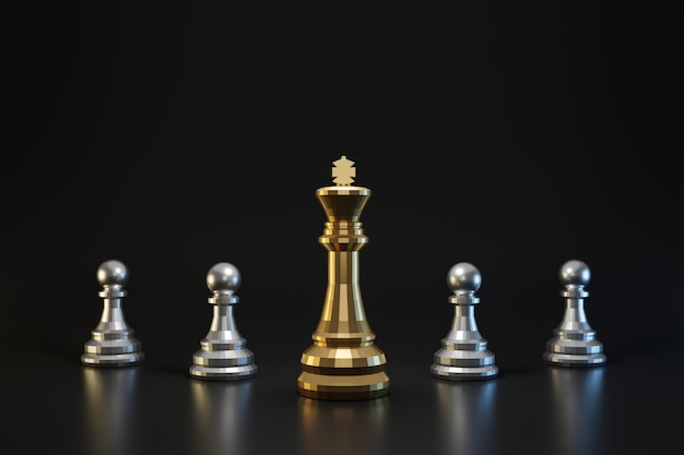 戦略または計画の概念と暗い壁に金と銀のチェスの駒。チェスの王様とビジネスアイデア。 3Dレンダリング。