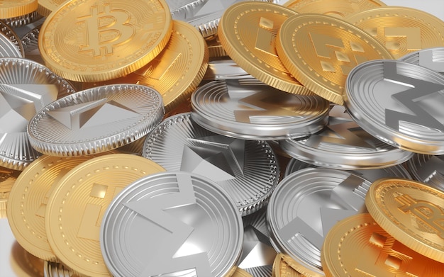 Golden and silver coins with bitcoin