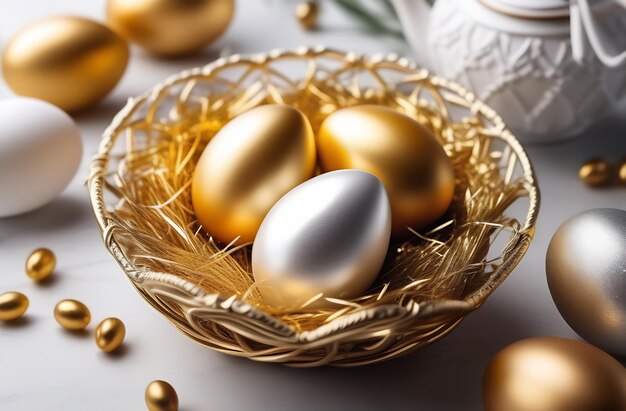 Foto uova di pasqua d'oro e d'argento in un cesto su uno sfondo di marmo bianco