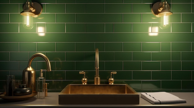 A golden sink with a tall golden faucet in a classic luxury bathroom green tile walls oldfashioned sconces a towel and a soap dispenser Retro style in the interior of the bathroom Close up shot