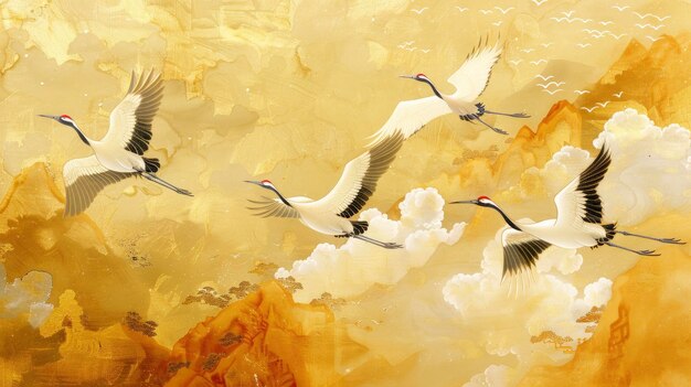 Golden Skies Traditional Chinese Painting Featuring Cranes Soaring Against a Radiant Golden Background Capturing the Timeless Beauty of Oriental Artistry