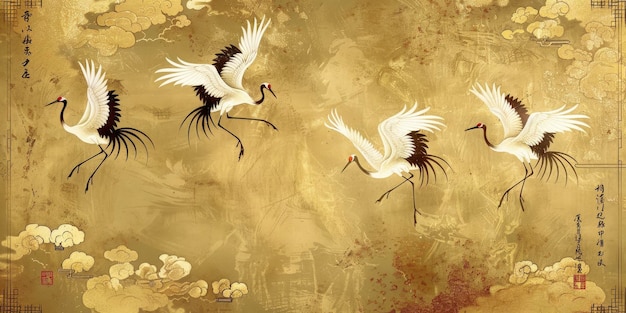 Golden Skies Traditional Chinese Painting Featuring Cranes Soaring Against a Radiant Golden Background Capturing the Timeless Beauty of Oriental Artistry