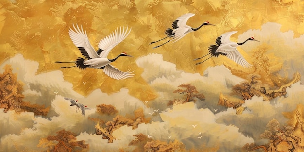 Золотое небо Традиционная китайская картина с журавлями, летящими на сияющем золотом фоне, изображающая вечную красоту восточного искусства