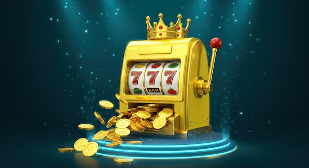 golden slot machine with crown and coins