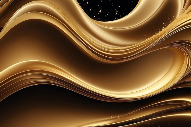 Golden smooth liquid waves and shiny particles abstract background