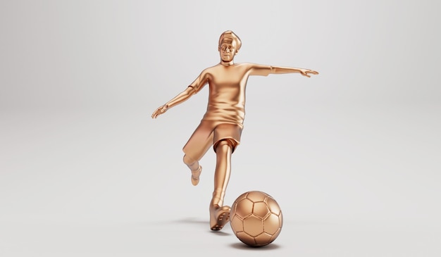 Golden soccer football player kicking a ball in an action pose 3D Rendering