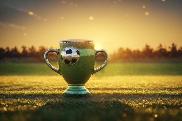 Golden soccer winner s cup in the middle of a soccer stadium