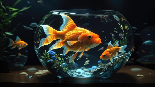 Golden Solitude A Highly Detailed Digital Painting of a Goldfish in a Darkened Realm