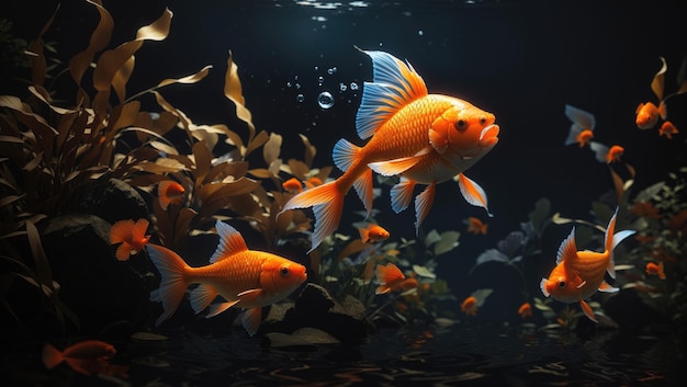 Golden Solitude A Highly Detailed Digital Painting of a Goldfish in a Darkened Realm