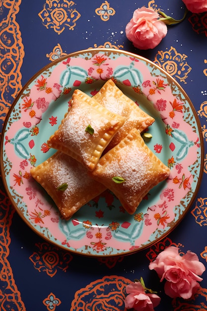 Photo golden sopapillas topdown shot with mexican embroideryinspired patterned plate