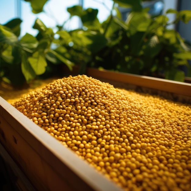 農場 の 木製 の 箱 に 積もっ て いる 金色 の 大豆