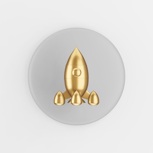 Golden space rocket icon. 3d rendering gray round key button, interface ui ux element.