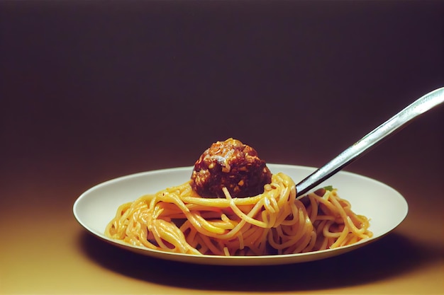 Golden spaghetti and meatballs on plate for pleasant and delicious dinner