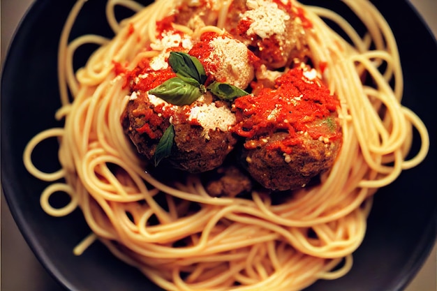 Golden spaghetti and meatballs with tomato sauce and herbs on plate