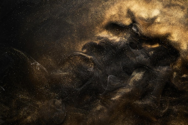 Golden sparkling abstract background luxury black smoke acrylic paint underwater explosion cosmic swirling ink