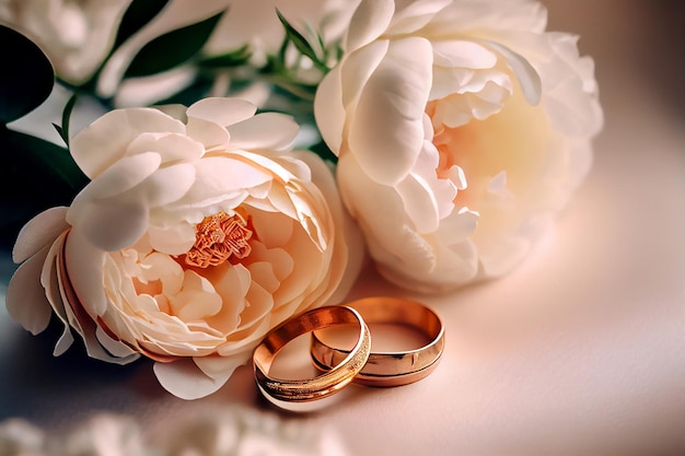 Golden sparkling wedding rings with flowers Illustration Generative AI