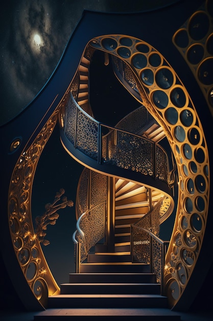 The golden spiral staircase in the shape of a heart.