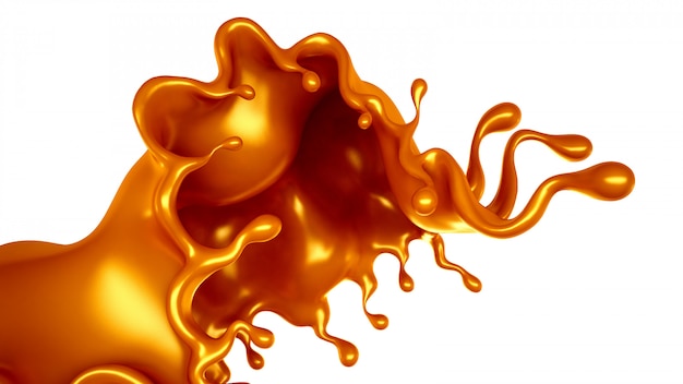 Golden splash of caramel on a white background. 3d rendering.