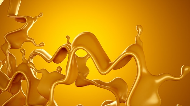 Golden splash of caramel on a yellow background. 3d rendering.