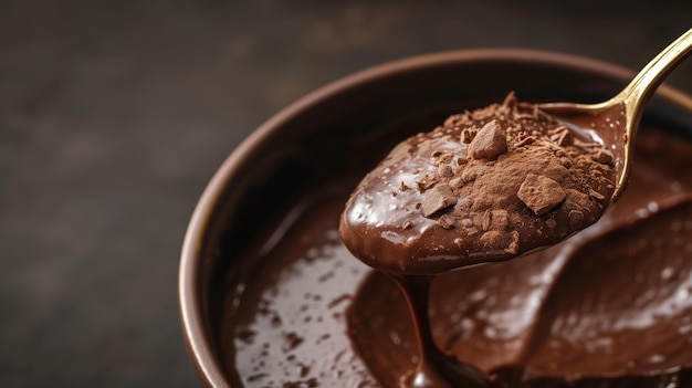 A golden spoon holds a luxurious portion of melted chocolate dusted with cocoa powder