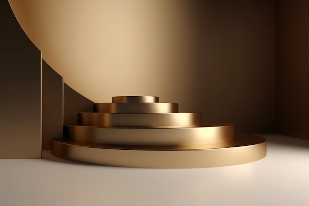 A golden staircase with a white wall and gold stairs.