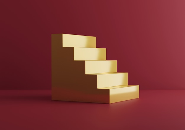 Золотая лестница на красном фоне студии. 3D визуализация. Инвестиции казначейского банка. Карьерная лестница. Сцена для