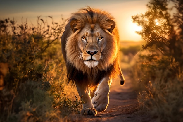 Golden Stalk Lion's Intense Focus at Sunset