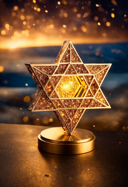 Photo golden star of david on a golden background selective focus