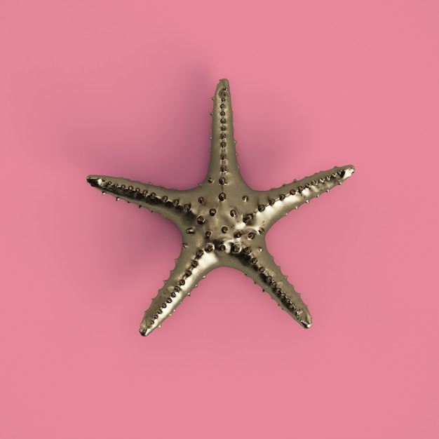 Golden star sculpture on pastel pink color. 3d rendering
