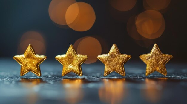Golden Stars on a Dark Background Bokeh Four golden starshaped figures aligned on a surface with a soft bokeh of lights in the background creating a festive atmosphere