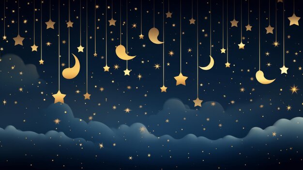 Stelle dorate e luna nel cielo notturno