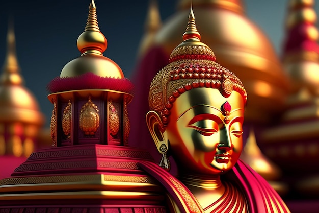 A golden statue of a buddha with a dome in the background.