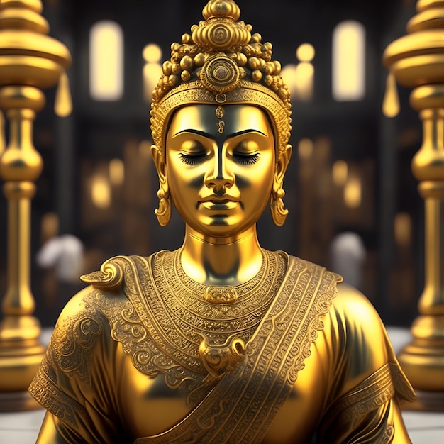 A golden statue of a buddha with the word buddha on it