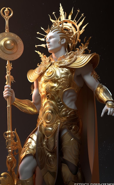 A golden statue of a man with a large sword and a shield on his head.