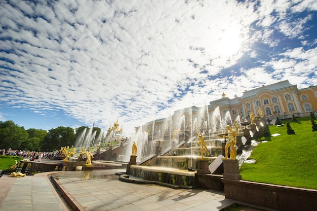 러시아 Peterhof 공원에 있는 Samson의 황금 동상