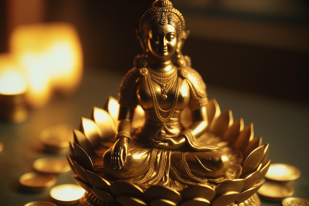 A golden statue of a woman sitting on a lotus flower