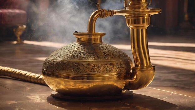 Golden steaming hookah on the floor side view