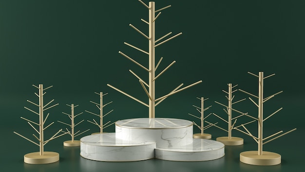 Golden stick Christmas tree shape with a white marble pedestal stands on a dark green background